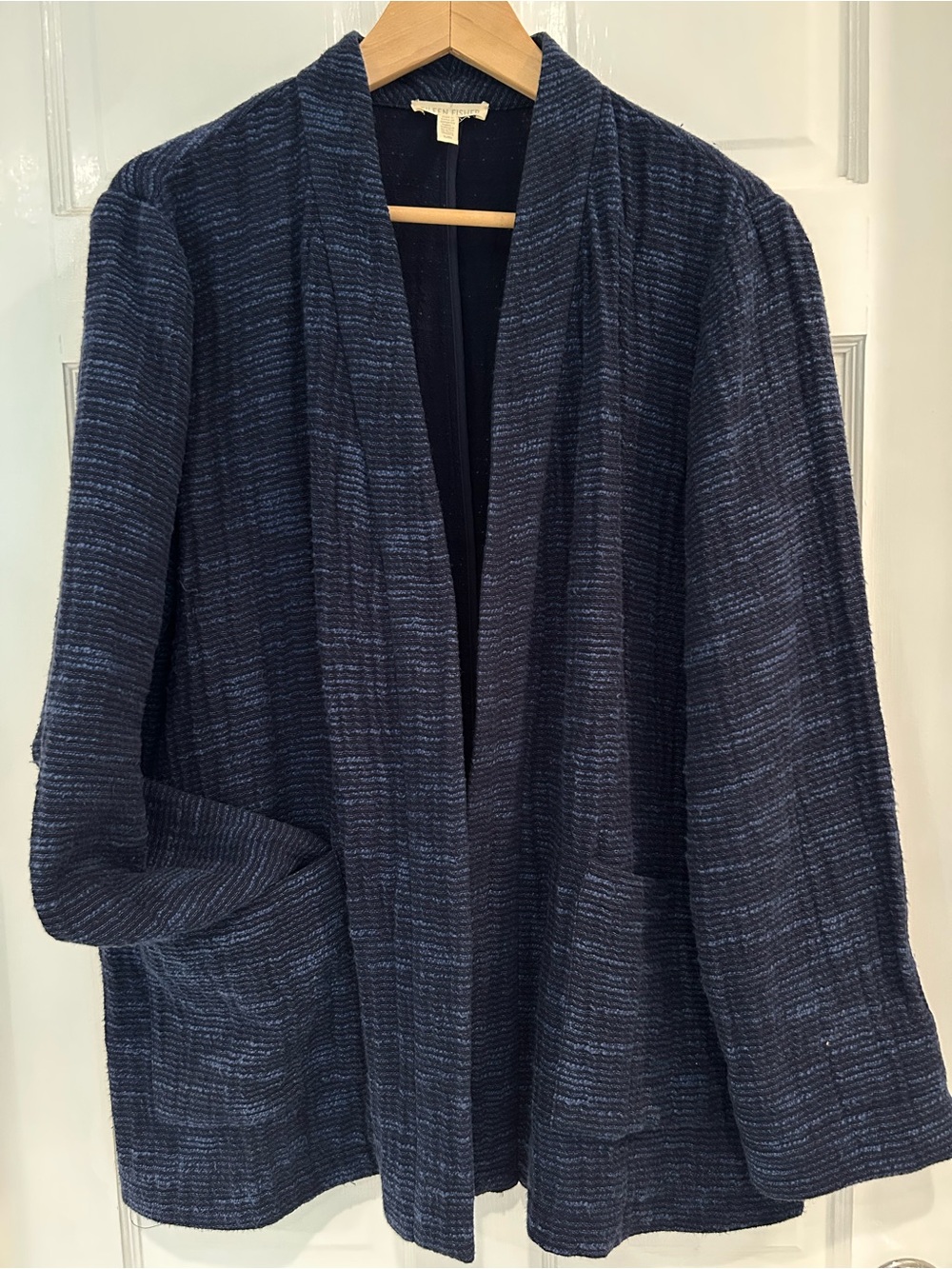 Eileen Fisher Navy Cotton Textured Open-Front Jacket L